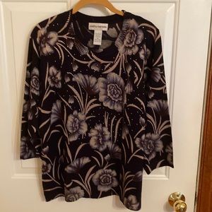 Sweater, black, blue, beige.  Small  Rhinestones over the front of the sweater..